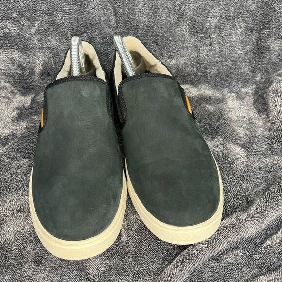 OluKai Pehuea Heu Black Leather Slip-On Genuine Shearing Sheep Fur Womans Size 1 - Picture 4 of 8